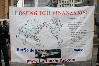 70. LYM street organizing banner reads: L&ouml;sung Der Finanzkrise